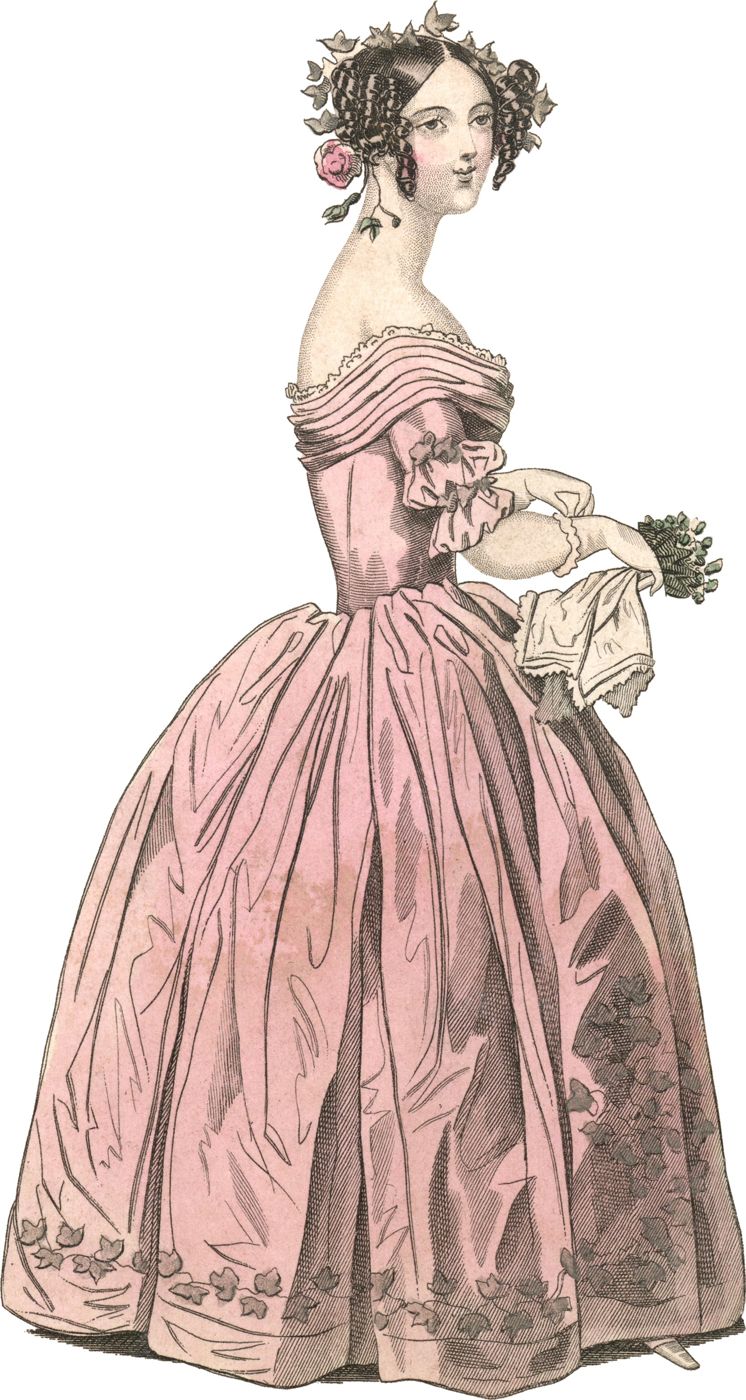 Grabado antiguo de un vestido de noche rosa de 1838